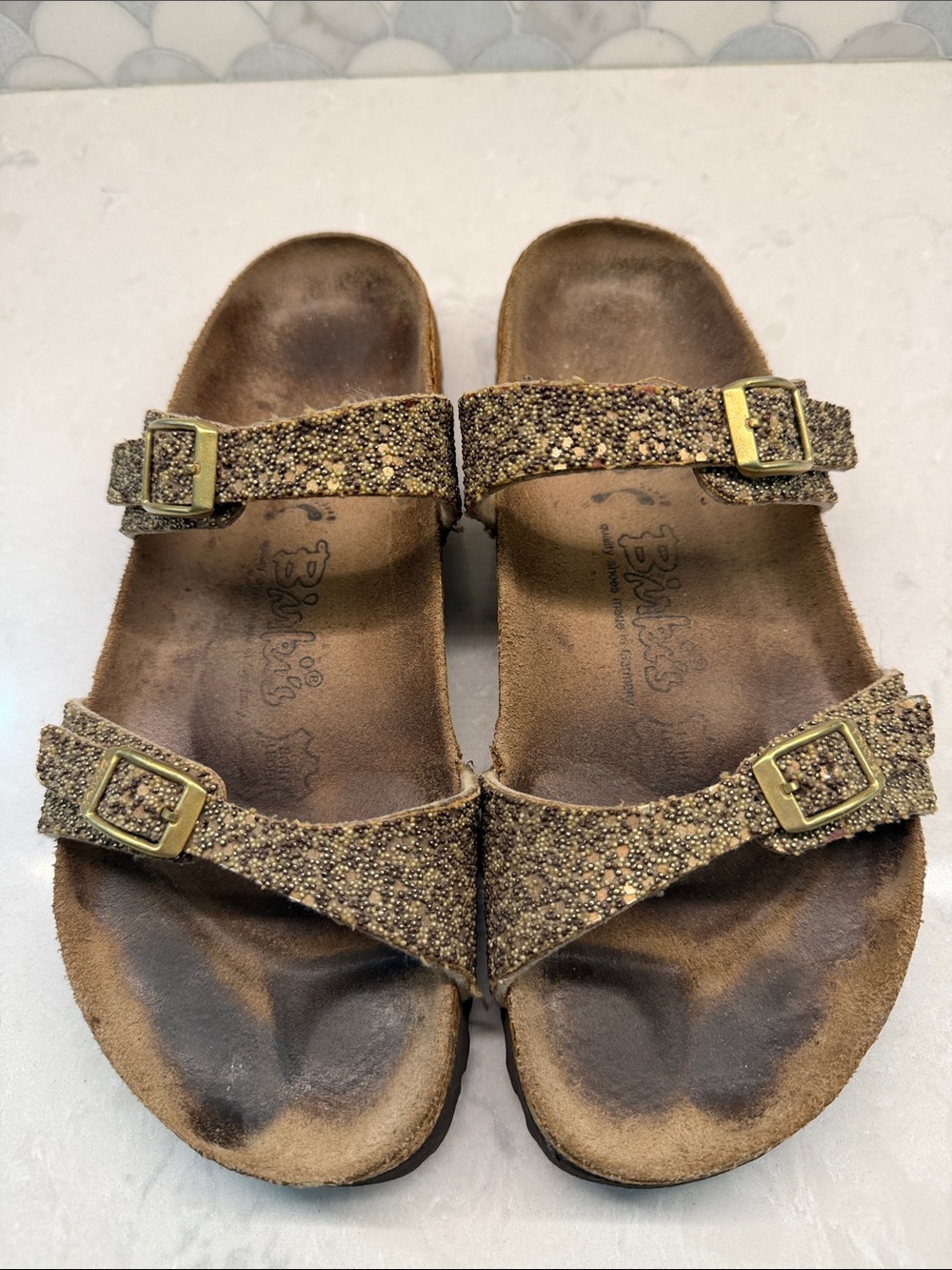 Birkenstock Glitter Brown Gold Buckle Sandals